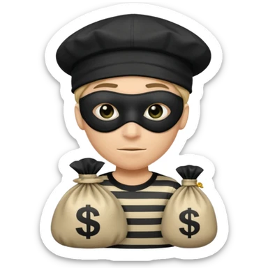 Cartoon-Räuber mit schwarzer Augenmaske, gestreiftem Shirt, schwarzer Mütze und einem Geldsack mit $-Zeichen. sticker