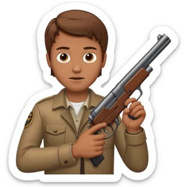 White guy with brown hair holding a gun like a cop would sticker