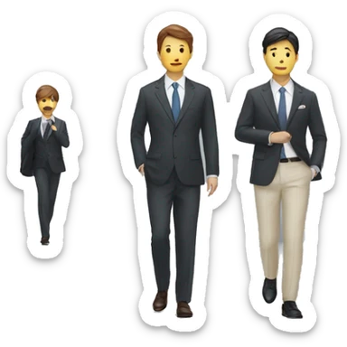 Two people in suits. One is looking at a watch, the other is walking sticker