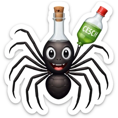wesoły śmieszny pająk z butelka jadu i podpisem cześć sticker