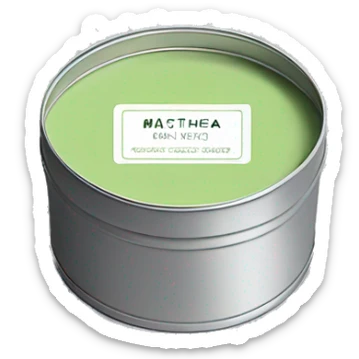 matcha scented candle in silver tin with minimalistic label realistic sticker