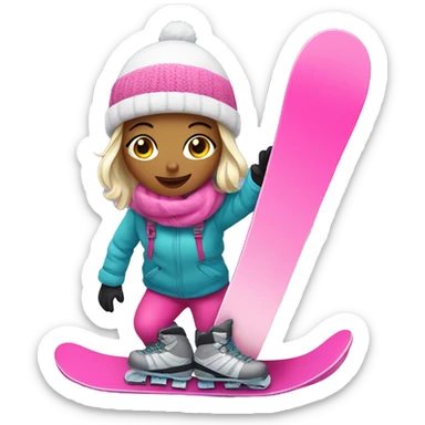 girl on snow with pink snowboard  sticker