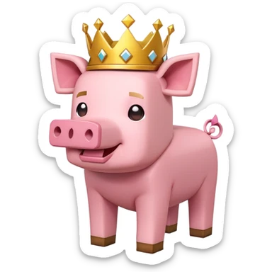 Minecraft pig full body pink blocky animal with square head wearing a crown sticker