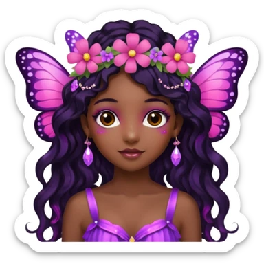 Black girl fairy with long wavy black hair, pink and purplered butterfly wings sparkly sticker