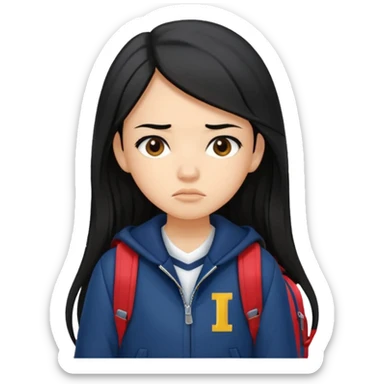 college student with annoyed face , black hair , with navy varsity jacket( initial I) and backpack , girl, long hair,  sticker