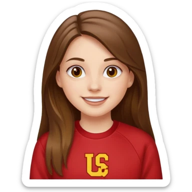 happy white long brunette hair girl with hazel eyes and in red USC sweatshirt sticker