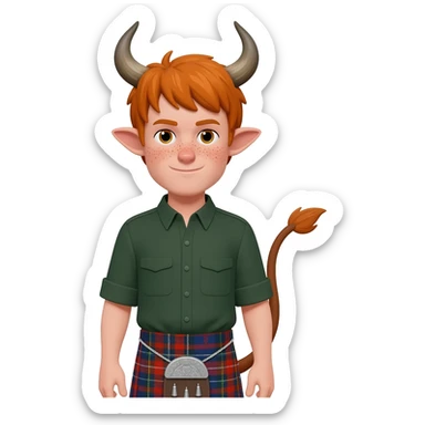 ginger man with freckles with with bangs covering the eyes like scottish bull with bull horns and bull ears and bull tail dressed in kilt and the skirt sticker