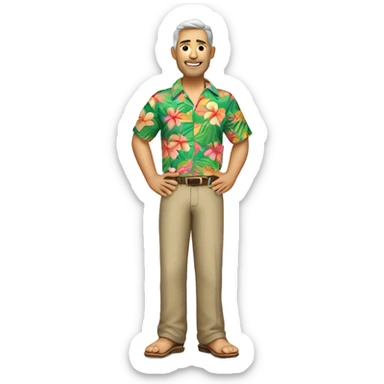 a full body view of a relaxed guy in his 40s wearing a hawaii shirt sticker