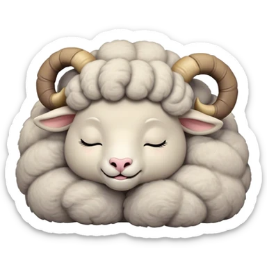 Meme-Worthy Cute Sleeping Ram Portrait Emoji, Head resting peacefully with a contented smile, showcasing a robust build and a luxuriously soft woolly grey fur with gently curled horns, eyes shut in a serene, restful nap, Simplified yet hilariously adorable features, highly detailed, glowing with a soft, drowsy light, high shine, relaxed and utterly lovable, stylized with an air of playful laziness, bright and heartwarming, soft glowing outline, capturing the essence of a comically sleepy ram, so meme-worthy it feels like it could instantly become the next viral sensation of adorable slumber! sticker