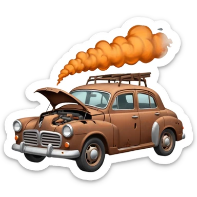 Side view of a broken-down old car with steam from the open bonnet, shattered windows, rusted doors, a flat tire, dents, peeling paint, and a grimy, neglected look. sticker