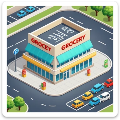 Isometric grocery store building with large windows, parking area, and store signage sticker