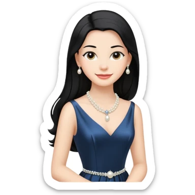 young elegant lady, long straight black hair, satin evening gown, pearl necklace, serene smile sticker