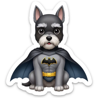 Miniature schnauzer, wearing a Batman suit sticker