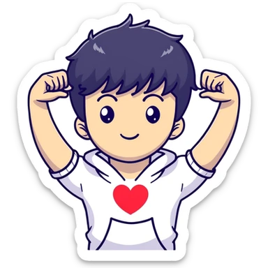 Black-haired male idol with arms forming heart shape above head, arms curved in heart outline, K-pop style sticker
