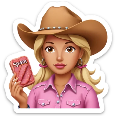 pink cowgirl painting a SPAM meat portrait landscape  sticker