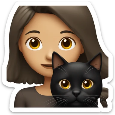 Tan girl with long dark hair holding a fluffy black cat sticker