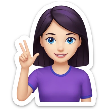 Grinning dark hair woman with blue eyes, wearing purple shirt - showing that somehting is obvious with her hand

 sticker