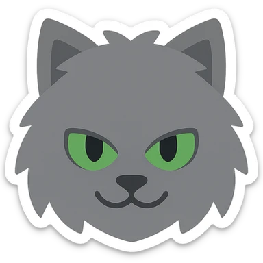 grey fluffy mischievous cat face with green eyes, color icon style sticker