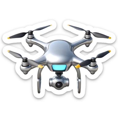 A futuristic drone emoji made of polished silver chrome, smooth rounded body, minimal propellers, reflective metallic surface, soft studio lighting, iOS emoji style, centered, clean white background sticker