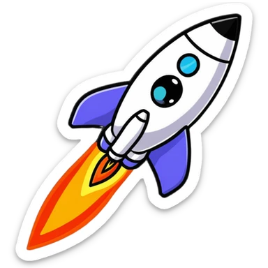 A cute sticker-style space rocket with a smiling face and bright flame trail sticker