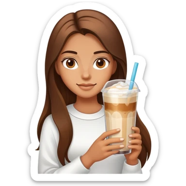 girl with long brown hair has ice latte coffee in glasse cup sticker