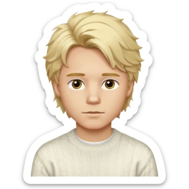 Create a look for a blond boy with long, tousled hair, light eyes, a white sweater, a wealthy appearance, blue eyes, and accessories like a Rolex or Cartier watch, and a cute face with messy hair down. sticker
