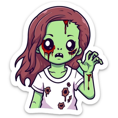 Girl zombie with long flowing brown hair, decaying pale green skin, and creepy undead expression sticker