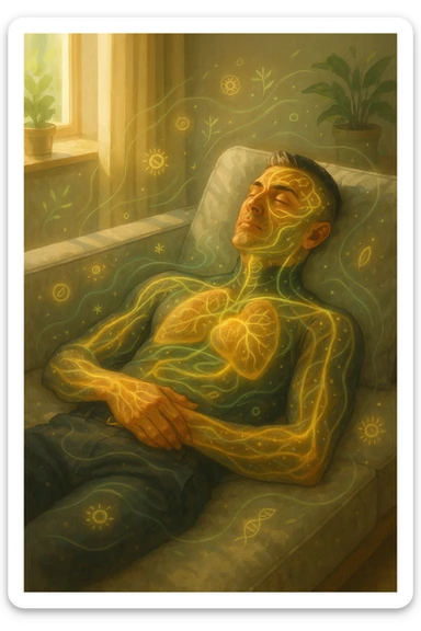 Uomo sdraiato su un divano nel primo pomeriggio, mentre fa un breve riposino. Il suo corpo appare parzialmente trasparente o stilizzato, con luce calda e flussi energetici dorati e verdi che scorrono attraverso muscoli, cervello, e organi. Intorno a lui si vedono piccoli simboli di rigenerazione: cellule che si rinnovano, tessuti che si illuminano, aura rilassata. L'ambiente è calmo e ordinato, luce naturale che entra da una finestra, atmosfera rigenerante, stile realistico con accenti metaforici. sticker