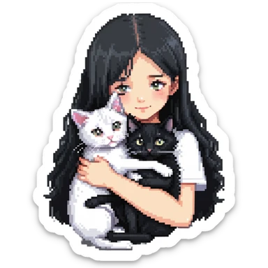 Beautiful girl with long black hair hugs a gray and blond mixed breed cat sticker