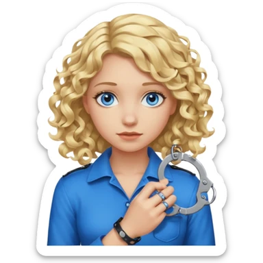 A girl with blond hair that curls at the end shoulder length and blue eyes who is breaking handcuffs sticker