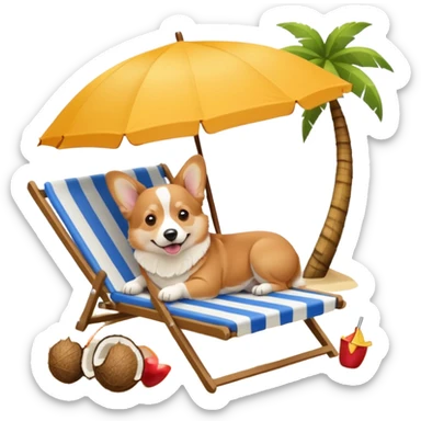 a corgi dog laied on a beach chair, a sunny beach, a sun umbrella, and beach coconut trees. the icon should capture the essence of a relaxing beach vacation with a carefree atmosphere sticker