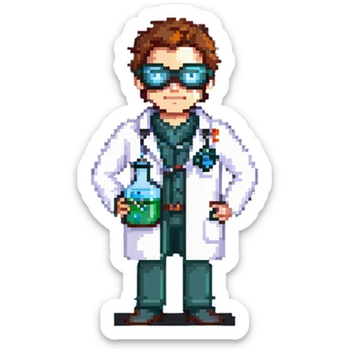chemistry superhero wearing a lab coat and goggles holding a beaker sticker