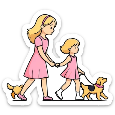 Garota loira fofa usando um vestido rosa passeando com um Golden Retriever  sticker