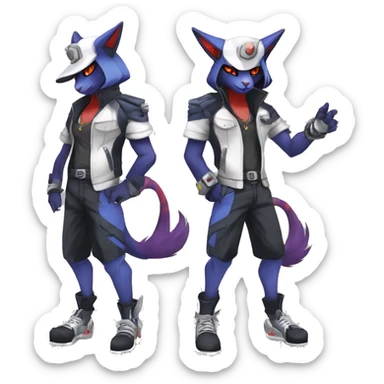 Cool Anthro Absol-Noibat-Quilava-Litten-Sphynx-Pokémon with edgy stripes collar punk techwear cool fiddler-hat Full Body sticker