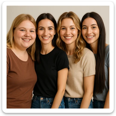 portrait of four young female friends, 25 years old, waist up, each with distinct features: chubby blonde with cheeks, slim brunette, normal weight blonde with wavy hair, slim brunette with very long hair; casual clothing, light background, smiling expressions, friendly atmosphere sticker