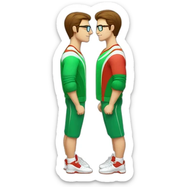 retro 70s red and green gym clothes for a modern white brunette uni male student with glass sticker