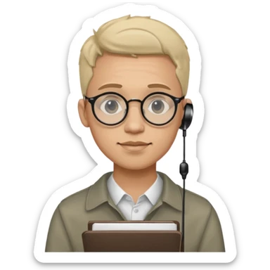 A man in his 20s wearing an apnotebook, wearing radio earrings, round glasses, achromatic clothes sticker