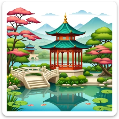 Oriental palace garden with pavilion and pond sticker