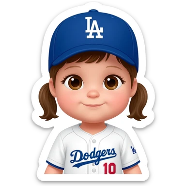 baby girl in a white dodgers uniform with baseball cap and brown eyes sticker