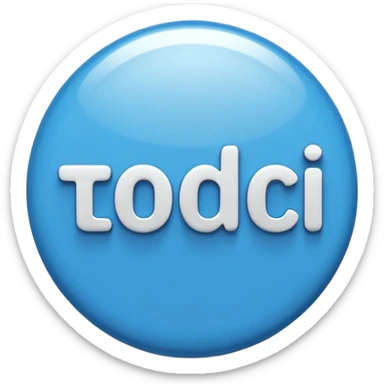 A glossy, three-dimensional emoji pin badge showing the text "TODOC". The font is modern, rounded, sans-serif, and colored in a professional medical blue. The badge has soft edges and reflections, in the style of Apple emojis. White background. sticker