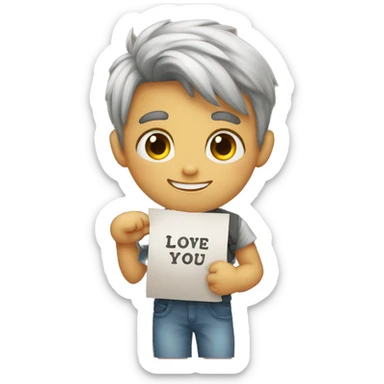 A boy holding a banner which says oliviya i love you sticker