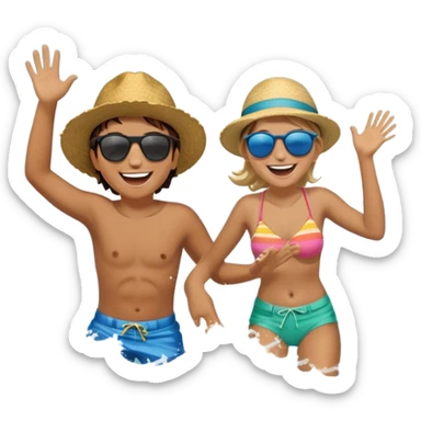 A person splashing in the ocean, laughing with a warm friend beside them. They’re playfully pretending to be explorers, fully immersed in the fun. The sun glows above, and the waves crash around them, symbolizing the joy of being present, creating fun, and appreciating the moment with the people  sticker