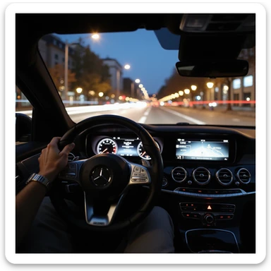 Mercedes E63 2024, realistic first-person view from behind the steering wheel, left hand on wheel, night driving in Bucharest, city lights, motion blur, city traffic ahead, photorealistic sticker