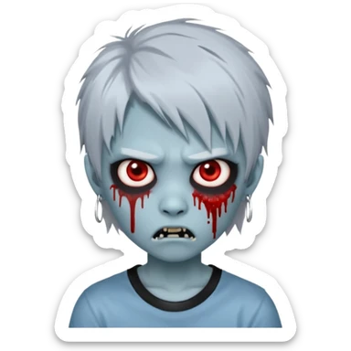  3D emoji-style avatar with very pale blue-grey zombie skin , a young Asian face, and large eyes with blood tears. Give it white litle bit messy mullet hair style , silver hoop earrings, and a plain black T-shirt. The face expression should be slightly angry, with vampire fang sticker
