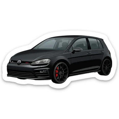a picture of a full black VW Golf GT Edition TDI MK7 2016 with black rims, tinted windows and red calipers on an angle sticker