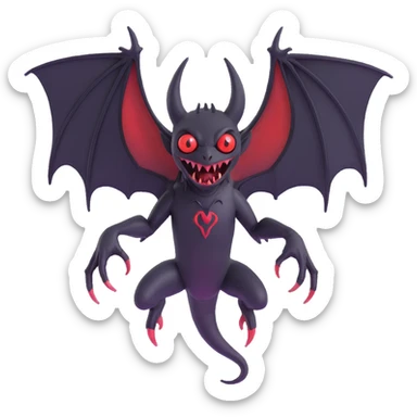 an all black reptilian bat-like creature. One cyclopian red eye in its face. no visible mouth or ears. 2 hind legs with claws. has a long tale with a stinger. no ears. no horns. no arms. visible bone-like stinger at end of tail sticker