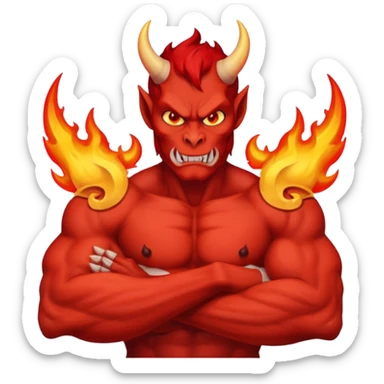 a Red devil, short horn Devil with flaming eyes, crossing arms sticker