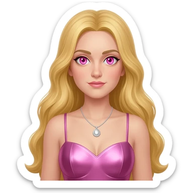Aphrodite from Greek Mythology with pink eyes, long blonde hair, pink metallic sweetheart dress, silver necklace sticker