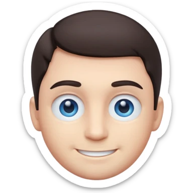 Cute 3D emoji of a smiling man with short dark hair and blue eyes, round face, simplified features, oversized glossy eyes, soft gradient shading, pastel tones, clean vector style, smooth edges, minimal background, transparent PNG, sticker icon sticker