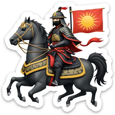clash-of-clans-aesthetic_-cinematic-fearsome-and-majestic-samurai-bust-portrait-emoji, rendered in a flat, vector-style with minimal shading and bold, simplified shapes typical of emoji art, depicting a battle-hardened samurai with black mask and traditional black Japanese armor. The samurai is riding a noble grey warhorse adorned with an intricately designed saddle and fluttering banners and a rising sun. a samurai riding on a  horse sticker